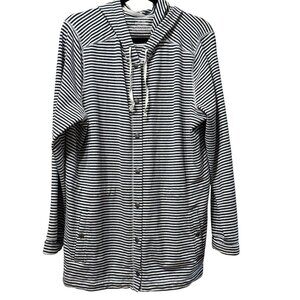 LL Bean sz 1X navy stripe long line snap front lightweight long sleeve hoodie